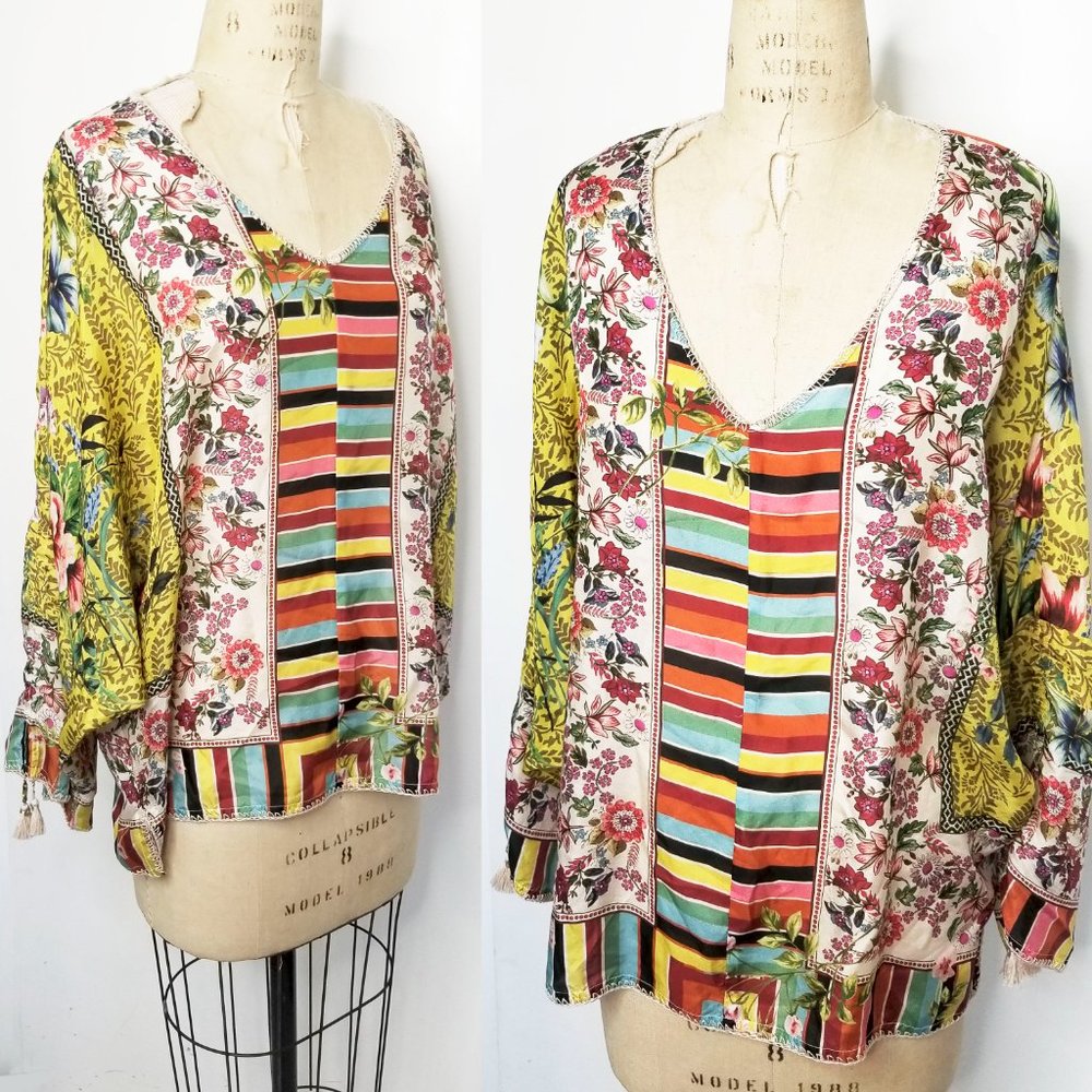 Johnny Was Colorful Floral and Stripe Blouse - Picture 3 of 13